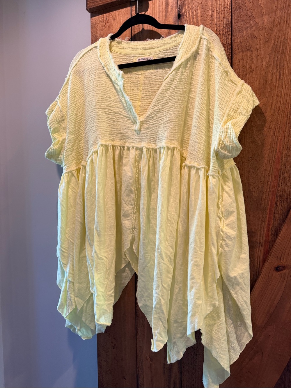 We The Free Pale Yellow V-Neck Gauze Tunic with Handkerchief Hem